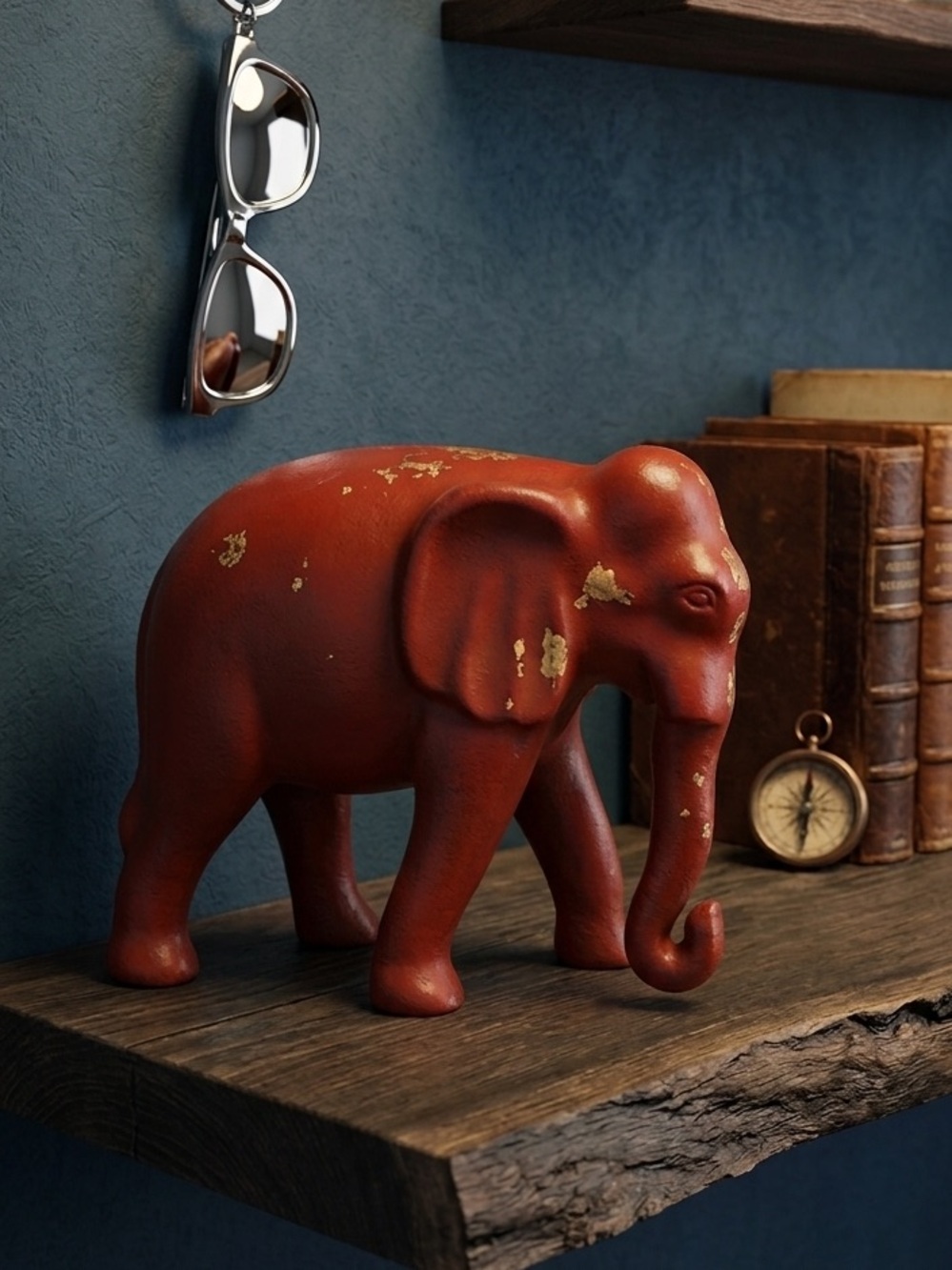 Antique Cast Iron Elephant Figurine - 7" Trunk Down - Red‎ Paint Original Patin
